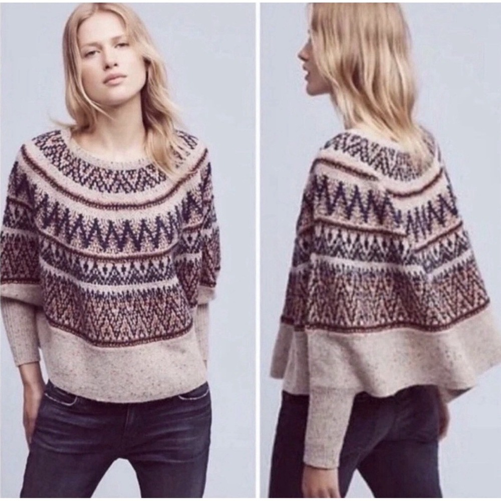 Sleeping On Snow Anthropologie Gray Fair Isle Knit Poncho Sweater Size M/L